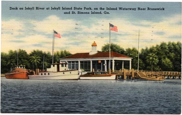 Dock on Jekyll River at Jekyll Island State Park on the Inland Waterway near Brunswick and Saint Simons Island, Georgia